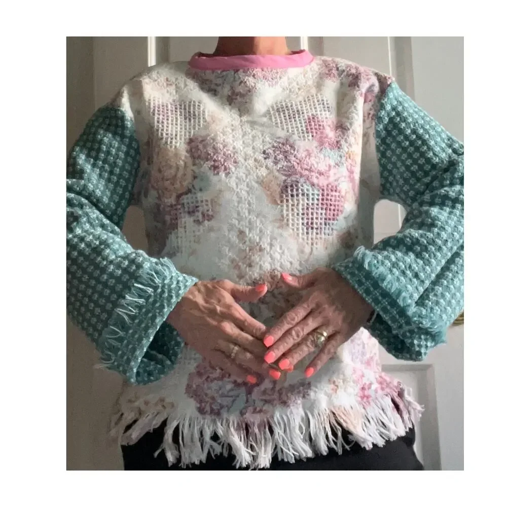 Tapestry crewneck floral pattern, upcycled blanket w fringe, Handmade Med